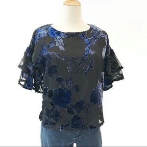 Lily White Black and Bluish Purple Velvet Top Floral blouse Ruffled Sleeves